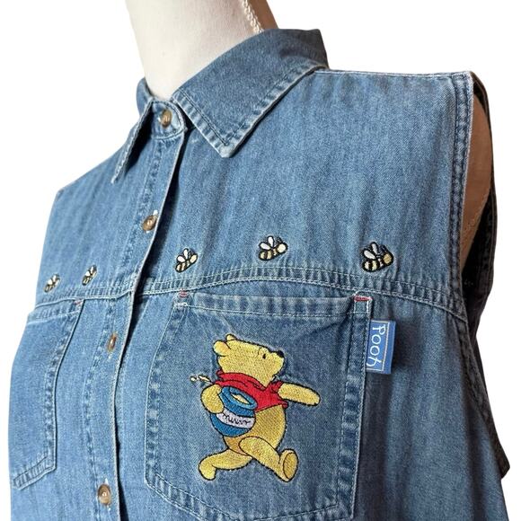 Vintage Disney Winnie the Pooh Bear denim sleeveless button embroidered L large - Picture 5 of 15